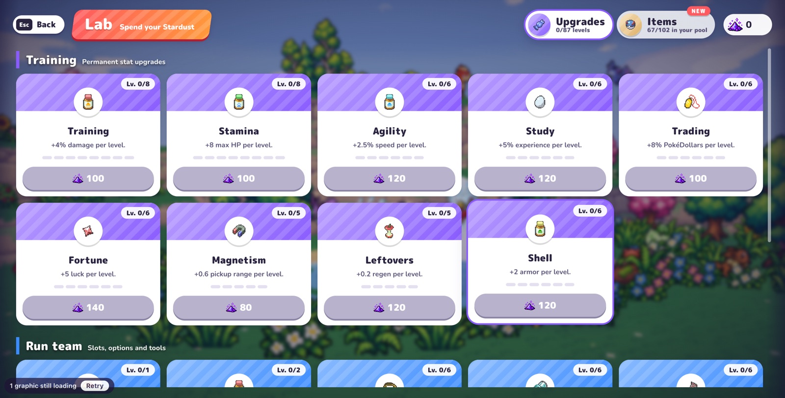 PokéBonk Lab Training upgrades with displayed effects and first-level Stardust prices