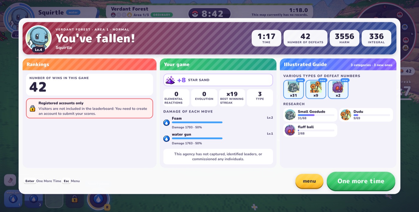 PokéBonk run summary showing time, KOs, damage, damage per move and research